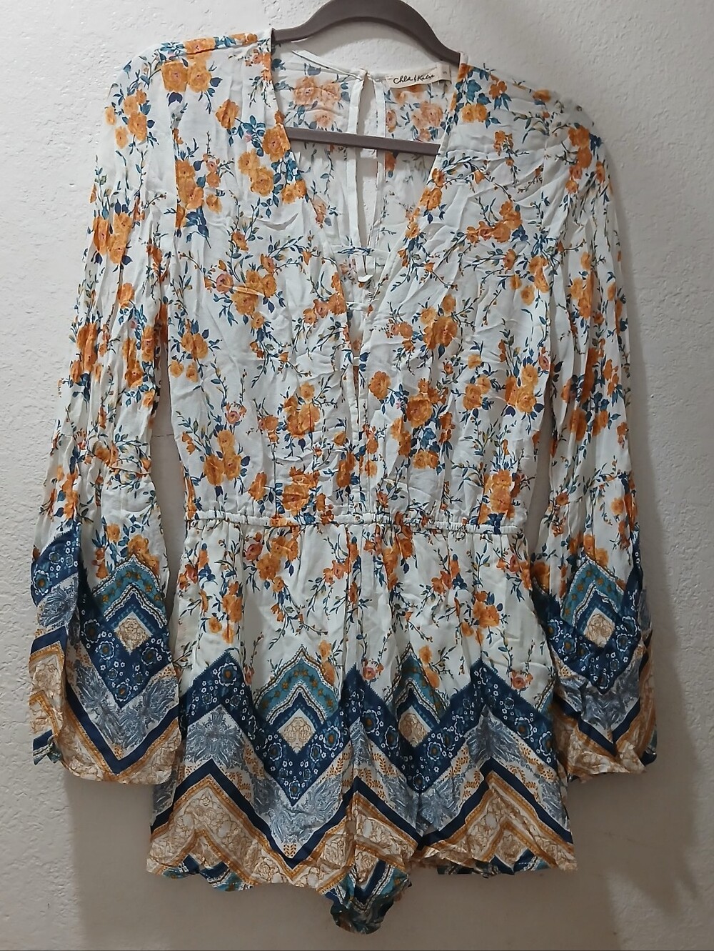 Chloe and katie Nwot S Boho Floral Peasant Top Romper White with Mustard & Navy